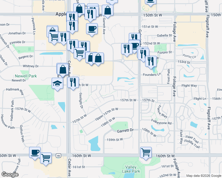 map of restaurants, bars, coffee shops, grocery stores, and more near 15522 Garnet Way in Apple Valley