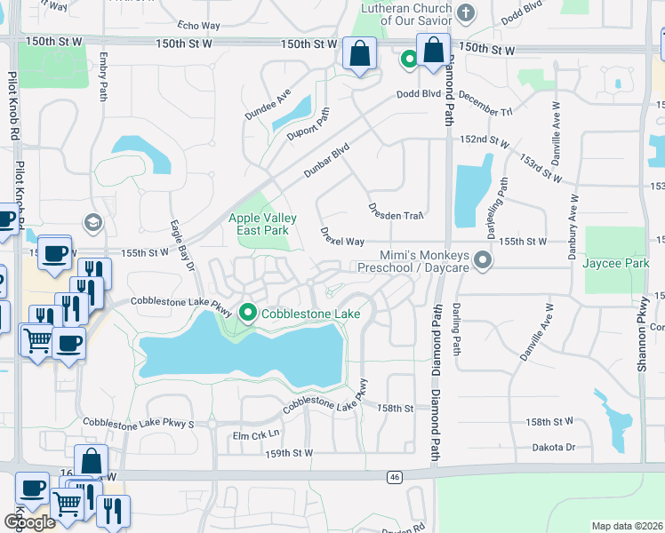 map of restaurants, bars, coffee shops, grocery stores, and more near 15554 Duck Crossing Way in Apple Valley
