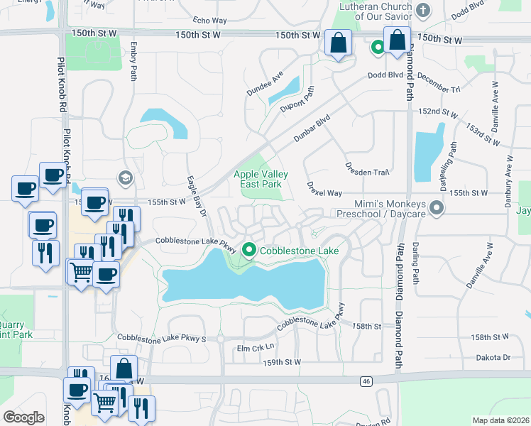 map of restaurants, bars, coffee shops, grocery stores, and more near 15533 Eagle Shore Drive in Apple Valley