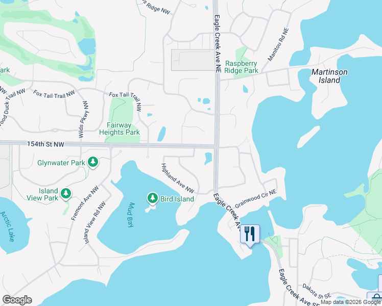map of restaurants, bars, coffee shops, grocery stores, and more near 3905 Marsh Street Northwest in Prior Lake