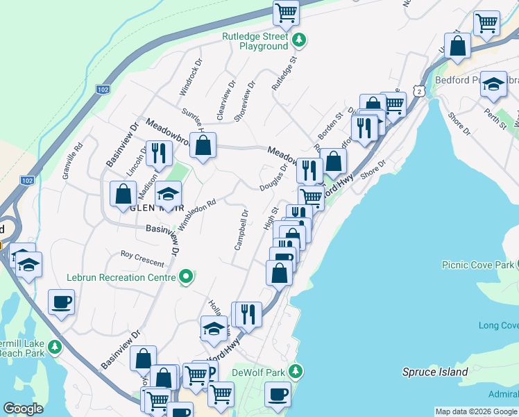 map of restaurants, bars, coffee shops, grocery stores, and more near 29 Panorama Lane in Bedford
