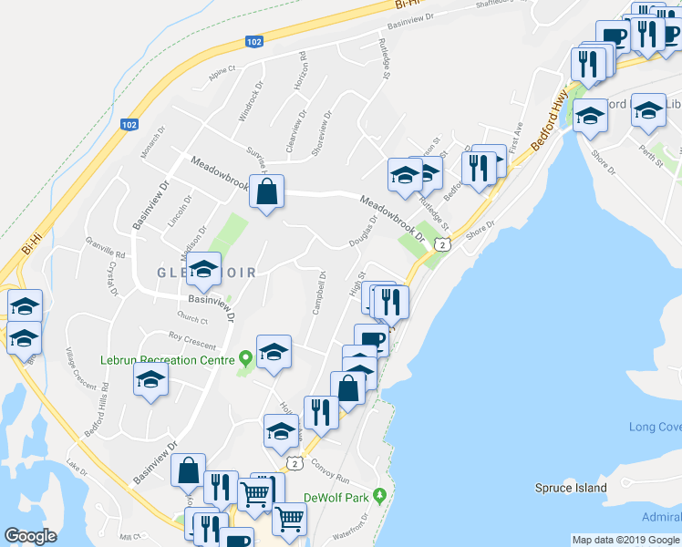 map of restaurants, bars, coffee shops, grocery stores, and more near 29 Panorama Lane in Bedford