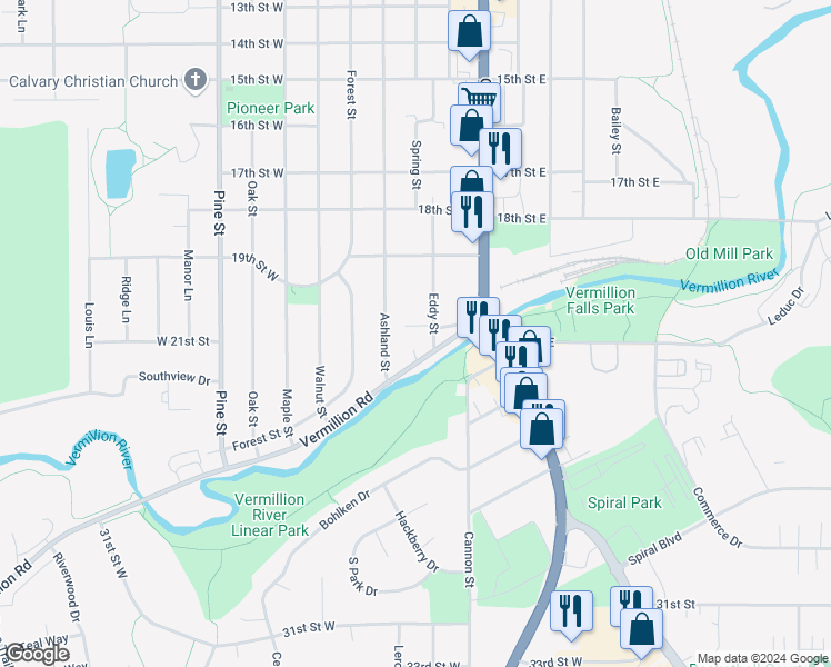 map of restaurants, bars, coffee shops, grocery stores, and more near 1936 Eddy Street in Hastings