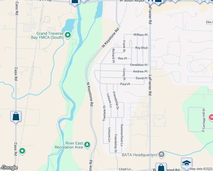 map of restaurants, bars, coffee shops, grocery stores, and more near 2475 Leisure Lane in Traverse City