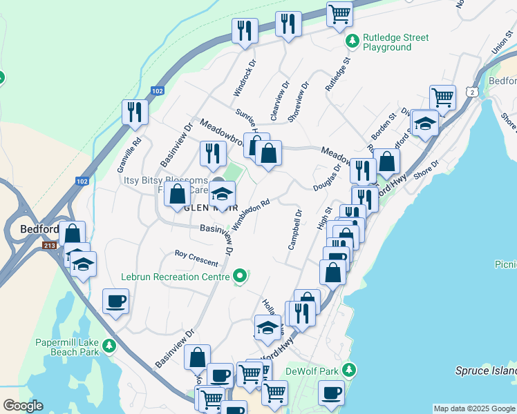 map of restaurants, bars, coffee shops, grocery stores, and more near Wimbledon Road in Bedford