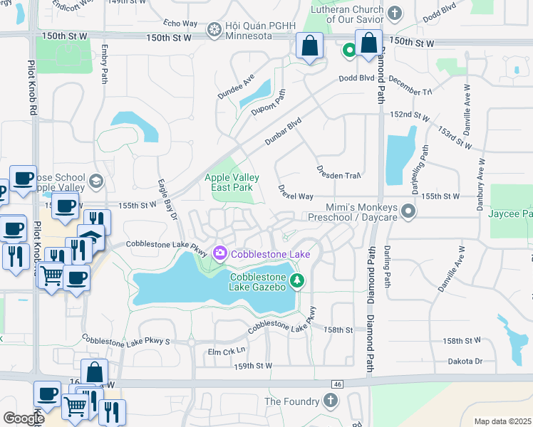 map of restaurants, bars, coffee shops, grocery stores, and more near 15592 Dwellers Way in Apple Valley