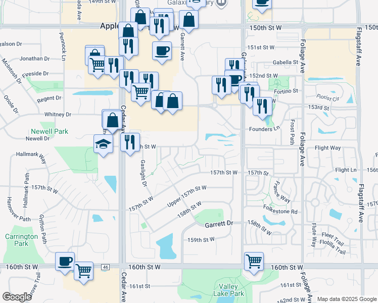 map of restaurants, bars, coffee shops, grocery stores, and more near 15522 Garnet Way in Apple Valley