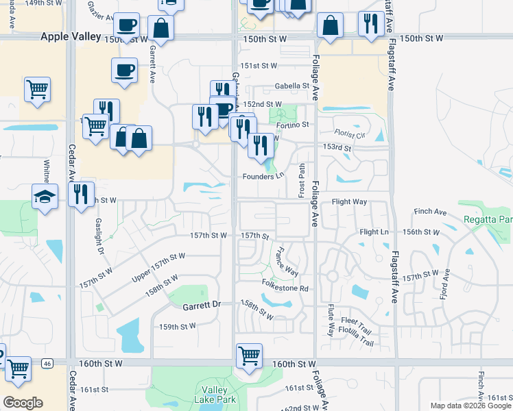map of restaurants, bars, coffee shops, grocery stores, and more near 15550 Galaxie Avenue in Apple Valley