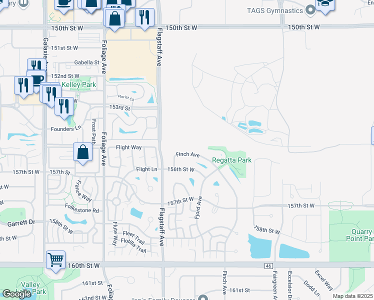 map of restaurants, bars, coffee shops, grocery stores, and more near 15566 Finch Avenue in Apple Valley