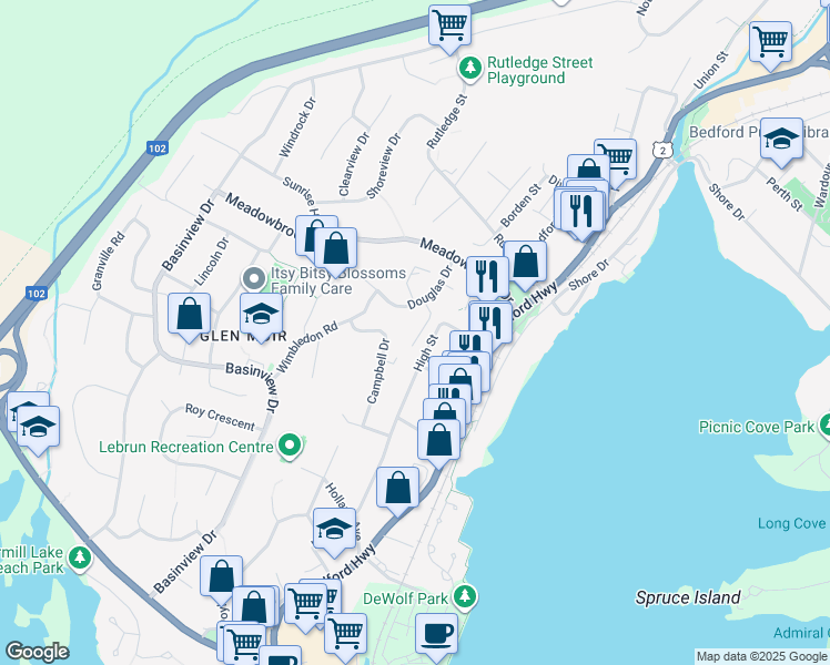 map of restaurants, bars, coffee shops, grocery stores, and more near 25 Panorama Lane in Bedford