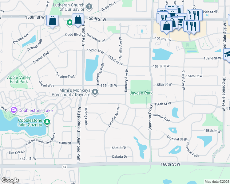 map of restaurants, bars, coffee shops, grocery stores, and more near 15430 Darling Path in Rosemount