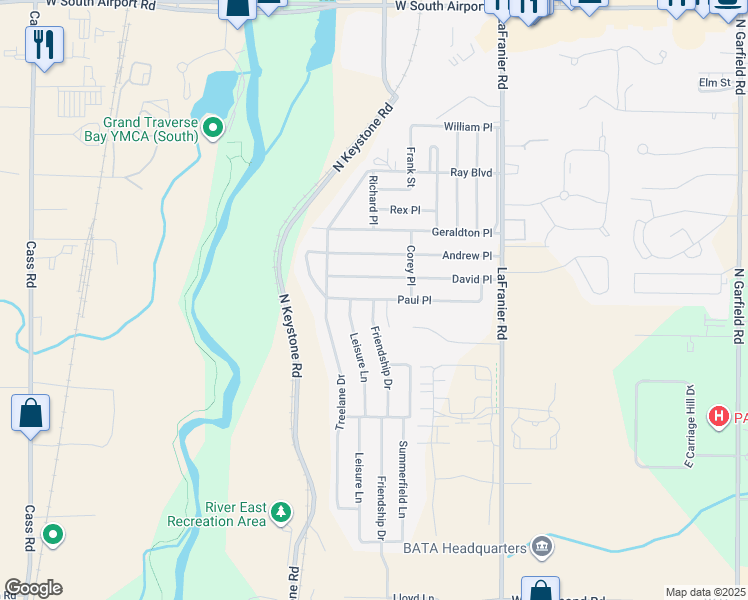 map of restaurants, bars, coffee shops, grocery stores, and more near 2498 Friendship Drive in Traverse City