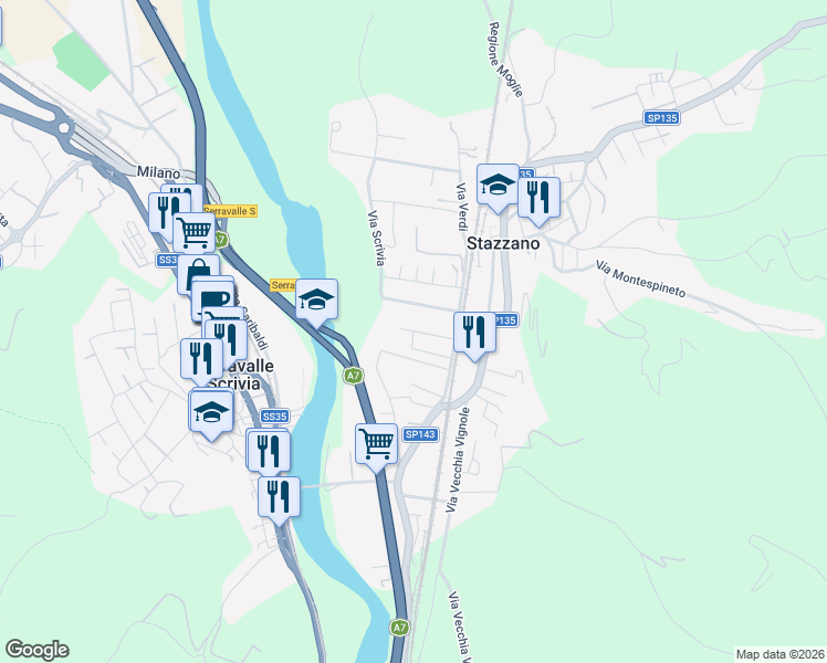map of restaurants, bars, coffee shops, grocery stores, and more near 38 Viale della Vittoria in Stazzano