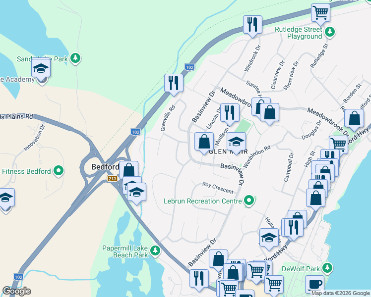 map of restaurants, bars, coffee shops, grocery stores, and more near 379 Bedford Street in Bedford