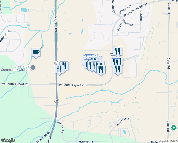 map of restaurants, bars, coffee shops, grocery stores, and more near 3300 West South Airport Road in Traverse City