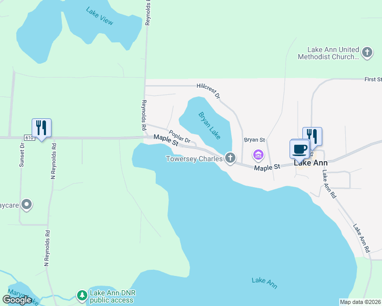 map of restaurants, bars, coffee shops, grocery stores, and more near County Highway 610 in Lake Ann