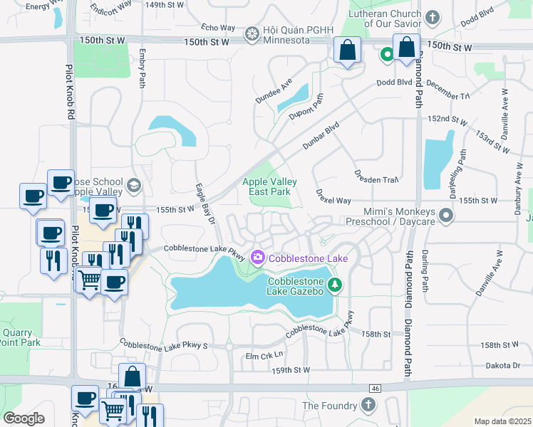 map of restaurants, bars, coffee shops, grocery stores, and more near 15533 Eagle Shore Drive in Apple Valley