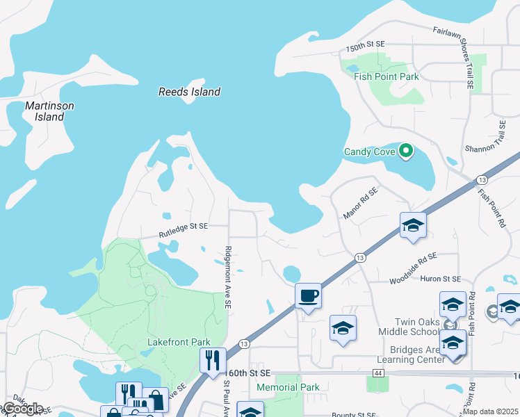 map of restaurants, bars, coffee shops, grocery stores, and more near 15541 Mitchell Circle Southeast in Prior Lake