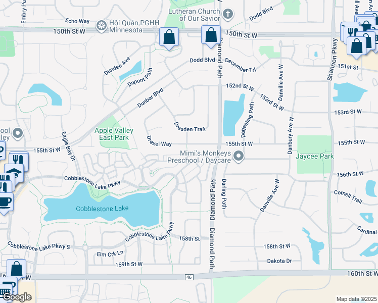 map of restaurants, bars, coffee shops, grocery stores, and more near 15551 Duck Trail Lane in Apple Valley