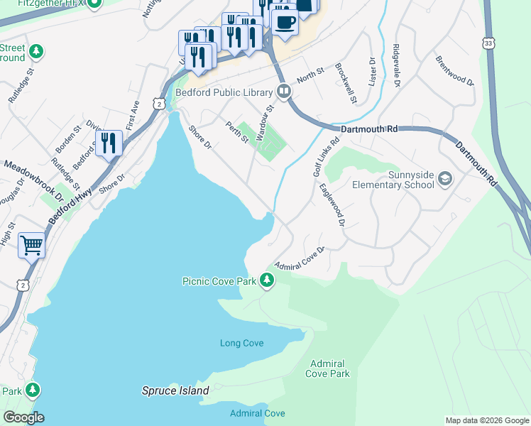 map of restaurants, bars, coffee shops, grocery stores, and more near 825 Shore Drive in Bedford