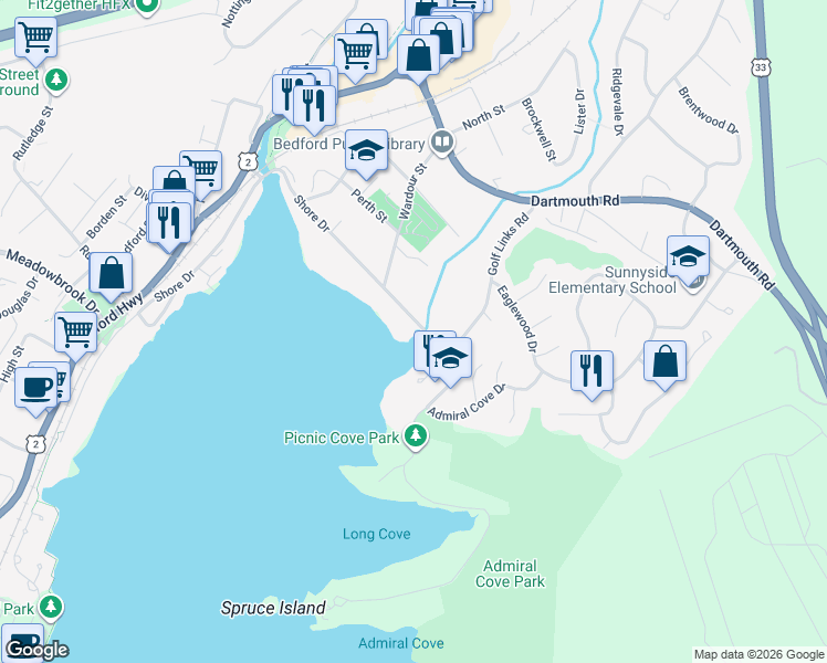 map of restaurants, bars, coffee shops, grocery stores, and more near 825 Shore Drive in Bedford