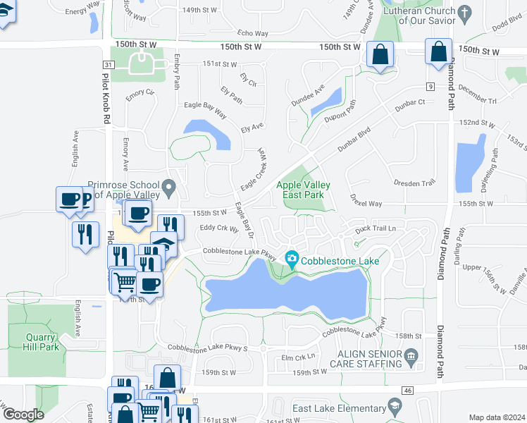 map of restaurants, bars, coffee shops, grocery stores, and more near 15468 Eames Way in Apple Valley