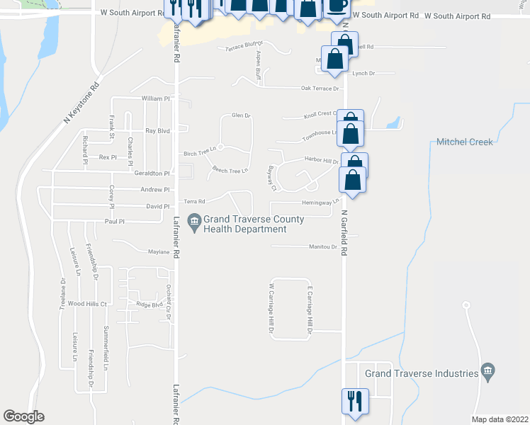 map of restaurants, bars, coffee shops, grocery stores, and more near 1134 Hemingway Lane in Traverse City
