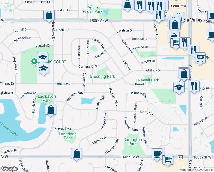 map of restaurants, bars, coffee shops, grocery stores, and more near 900 Whitney Drive in Apple Valley