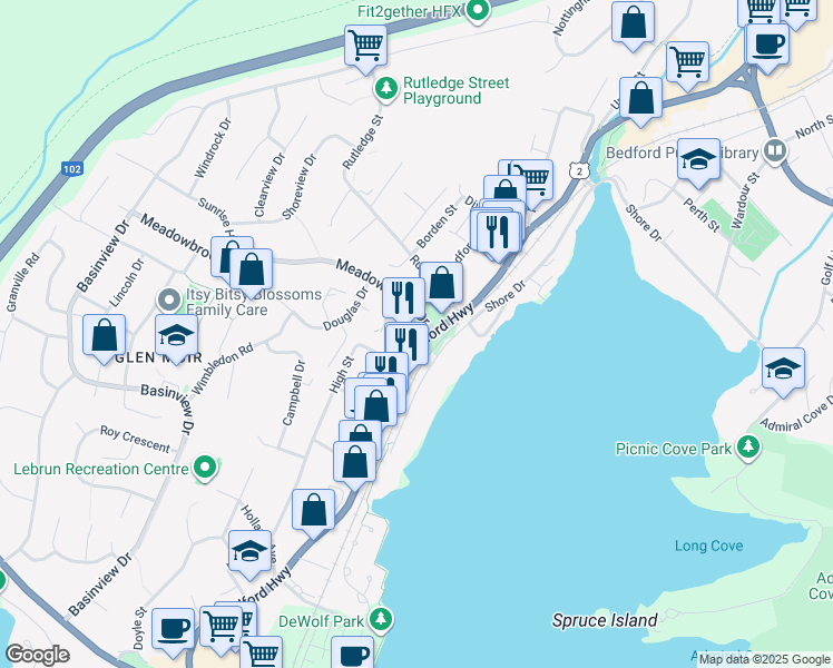 map of restaurants, bars, coffee shops, grocery stores, and more near 1248 Bedford Highway in Bedford