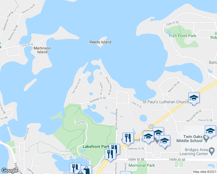 map of restaurants, bars, coffee shops, grocery stores, and more near 15470 Breezy Point Road Southeast in Prior Lake