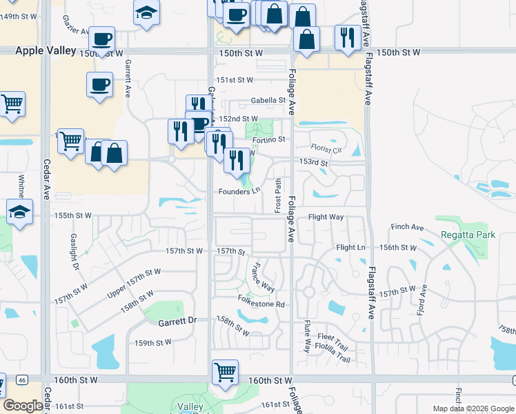 map of restaurants, bars, coffee shops, grocery stores, and more near 15420 Founders Lane in Apple Valley