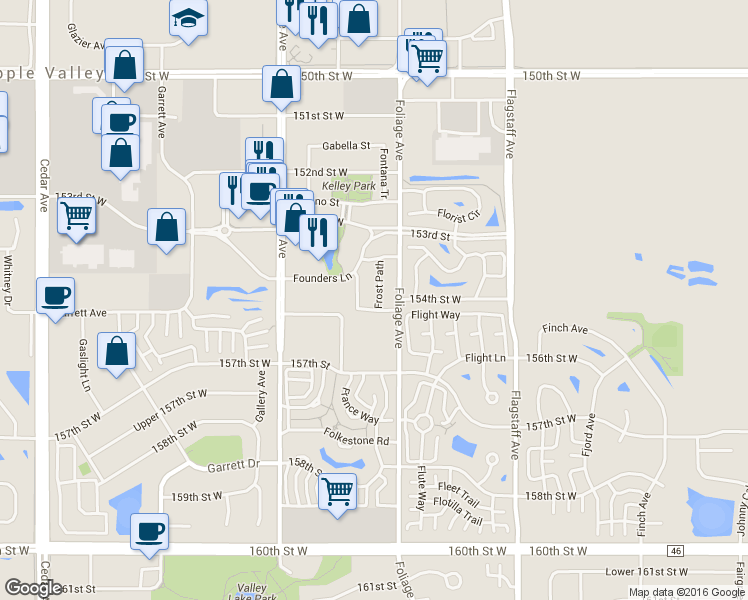 map of restaurants, bars, coffee shops, grocery stores, and more near 15402 Founders Lane in Apple Valley