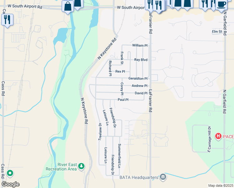 map of restaurants, bars, coffee shops, grocery stores, and more near Corey Place in Traverse City