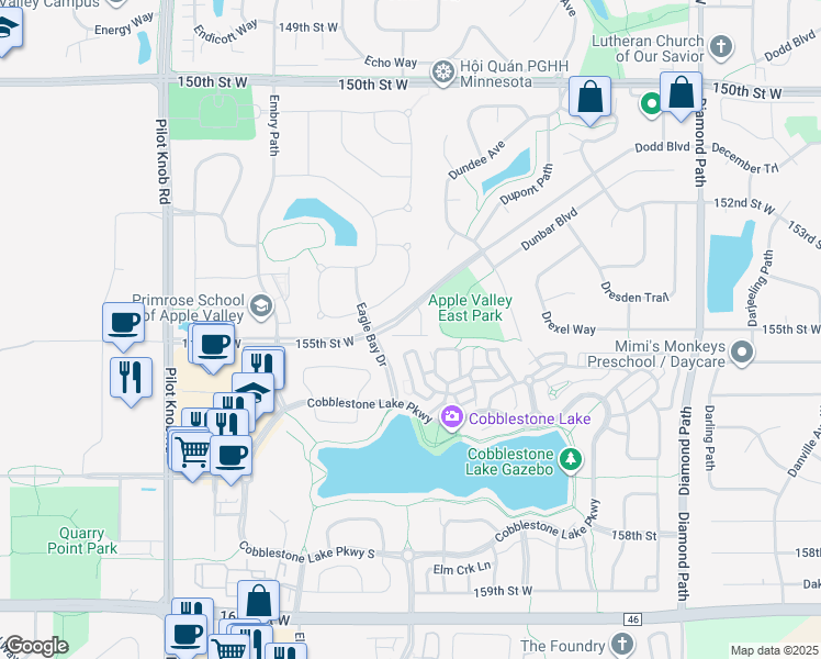 map of restaurants, bars, coffee shops, grocery stores, and more near 15467 Eames Way in Apple Valley