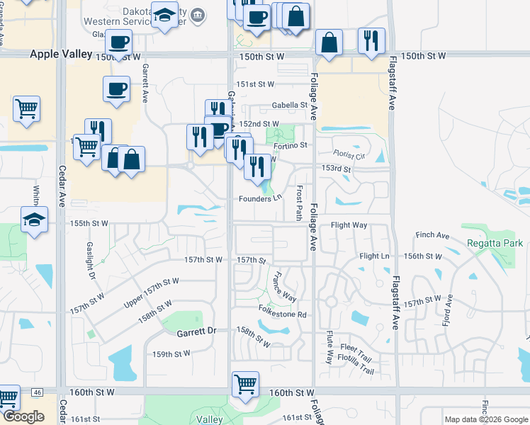 map of restaurants, bars, coffee shops, grocery stores, and more near 15435 Founders Lane in Apple Valley