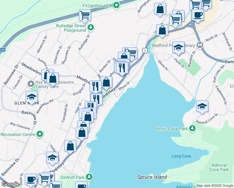 map of restaurants, bars, coffee shops, grocery stores, and more near 14 Bedford Highway in Bedford