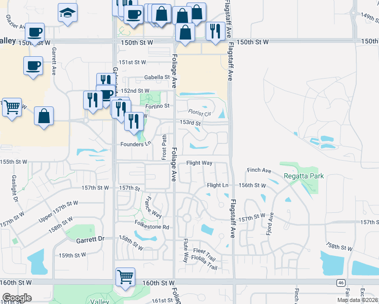map of restaurants, bars, coffee shops, grocery stores, and more near 15279 Flower Way in Apple Valley