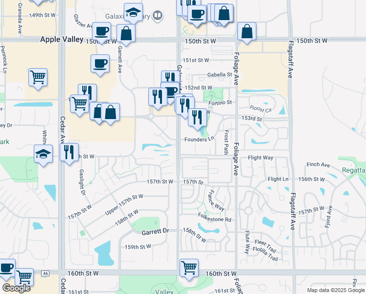 map of restaurants, bars, coffee shops, grocery stores, and more near 15464 Galaxie Avenue in Apple Valley