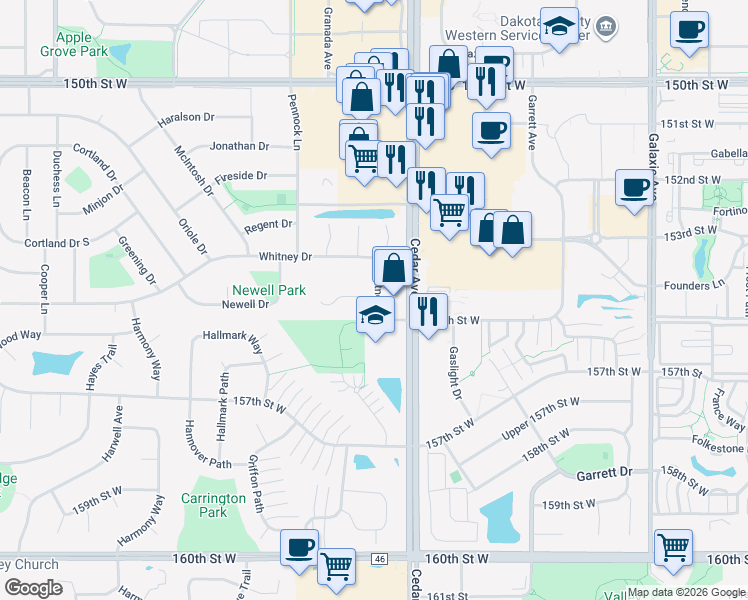 map of restaurants, bars, coffee shops, grocery stores, and more near 7710 Whitney Drive in Apple Valley