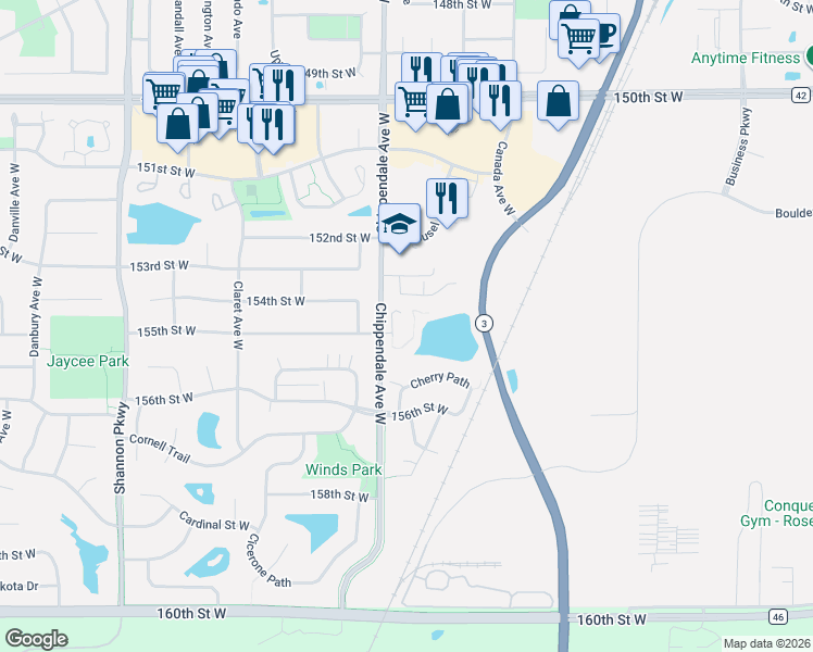 map of restaurants, bars, coffee shops, grocery stores, and more near 15344 Chili Court in Rosemount