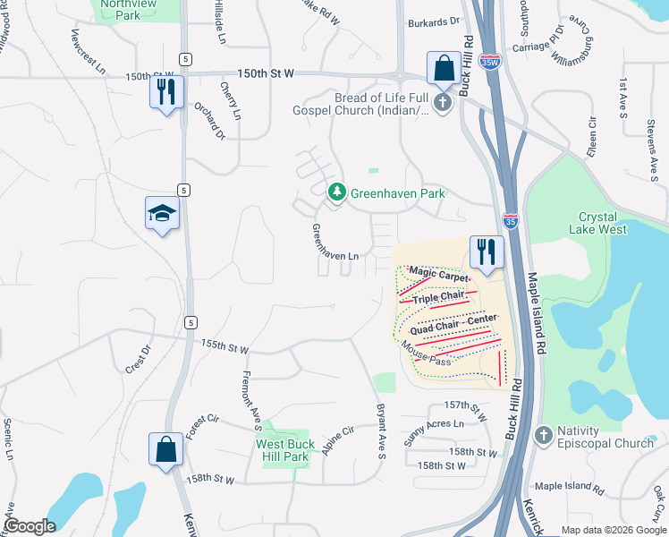 map of restaurants, bars, coffee shops, grocery stores, and more near 15301 Greenhaven Way in Burnsville