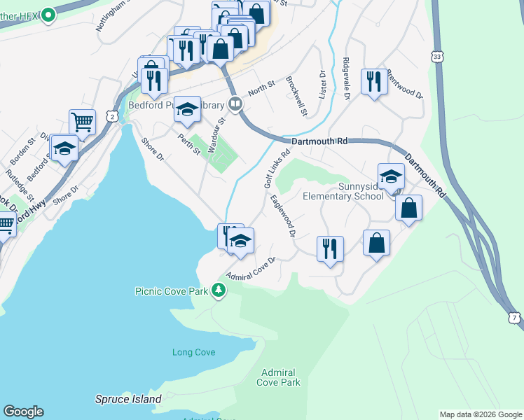 map of restaurants, bars, coffee shops, grocery stores, and more near Golf Links Road in Bedford