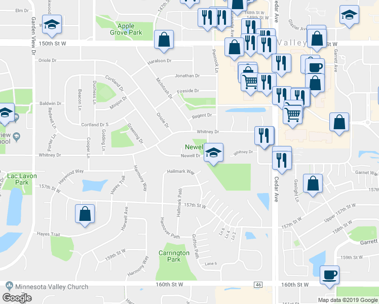 map of restaurants, bars, coffee shops, grocery stores, and more near 775 Newell Drive in Apple Valley