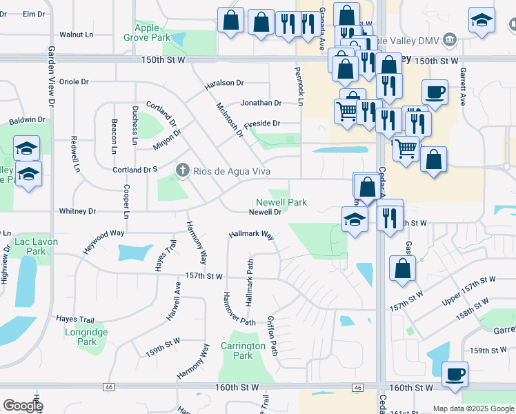 map of restaurants, bars, coffee shops, grocery stores, and more near 775 Newell Drive in Apple Valley