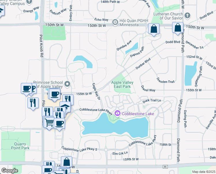 map of restaurants, bars, coffee shops, grocery stores, and more near 15430 Eames Way in Apple Valley