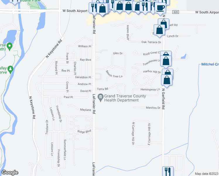 map of restaurants, bars, coffee shops, grocery stores, and more near 1499 Terra Road in Traverse City