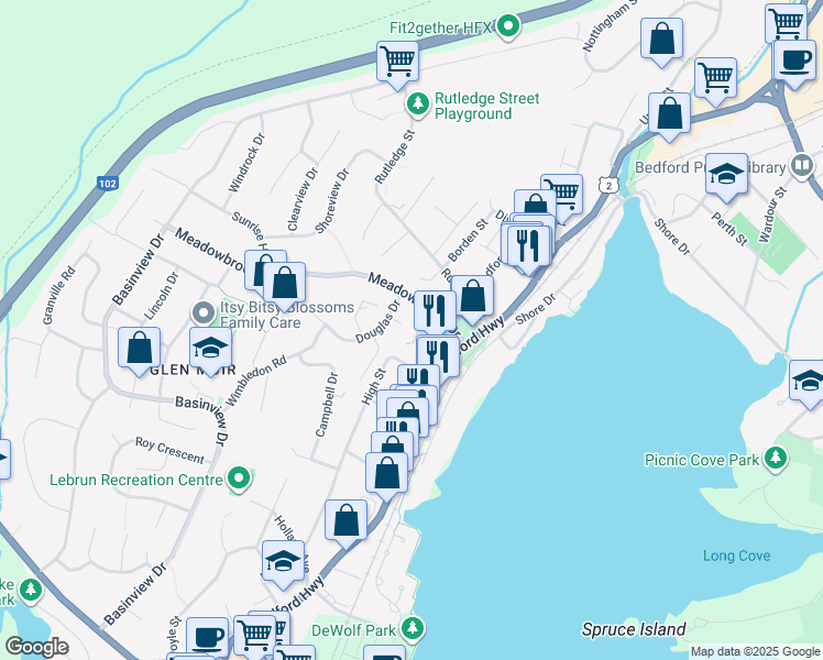 map of restaurants, bars, coffee shops, grocery stores, and more near 26 Meadowbrook Drive in Bedford