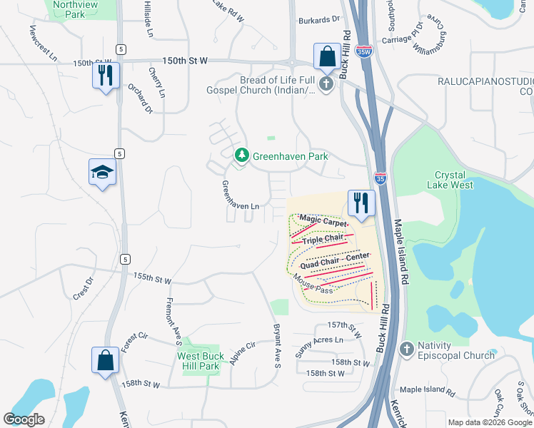 map of restaurants, bars, coffee shops, grocery stores, and more near 103 Greenhaven Way in Burnsville