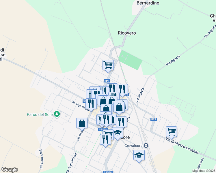 map of restaurants, bars, coffee shops, grocery stores, and more near Strada Provinciale 9 in Crevalcore