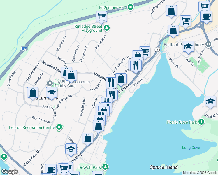map of restaurants, bars, coffee shops, grocery stores, and more near 22 Meadowbrook Drive in Bedford